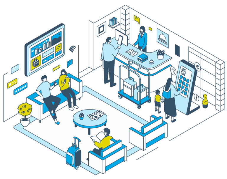 Een grafische illustratie die laat zien hoe de producten van Hotelcore (digitale informatiemap, infokanaal, hotelkrant, infozuil met aanraakscherm) in een hotel worden gebruikt. Een hotelmedewerker praat met een gast.