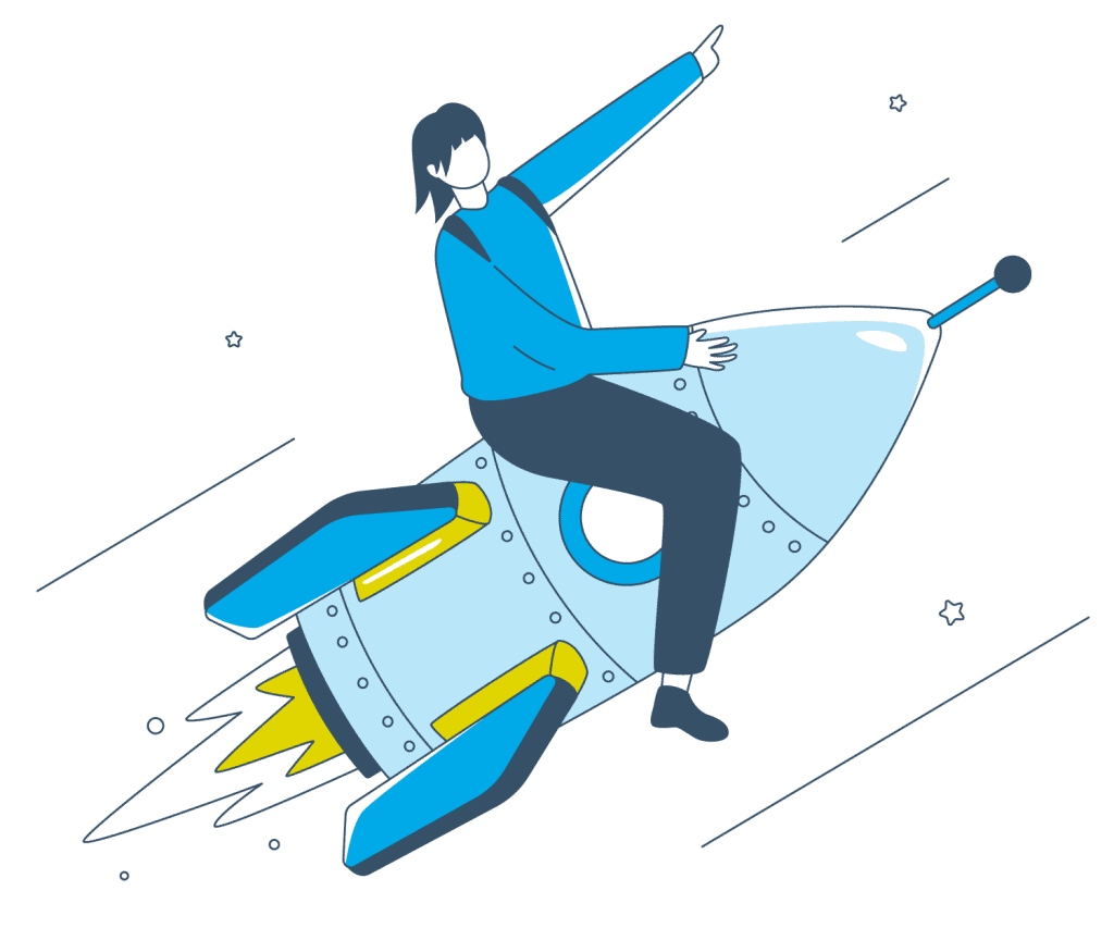 Een grafische illustratie toont een persoon zittend op een raket